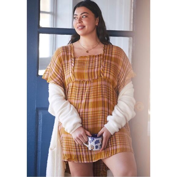 NEW Anthropologie Gauzy Plaid Cotton Flutter-Sleeve Babydoll Mini Dress Large - Picture 5 of 8